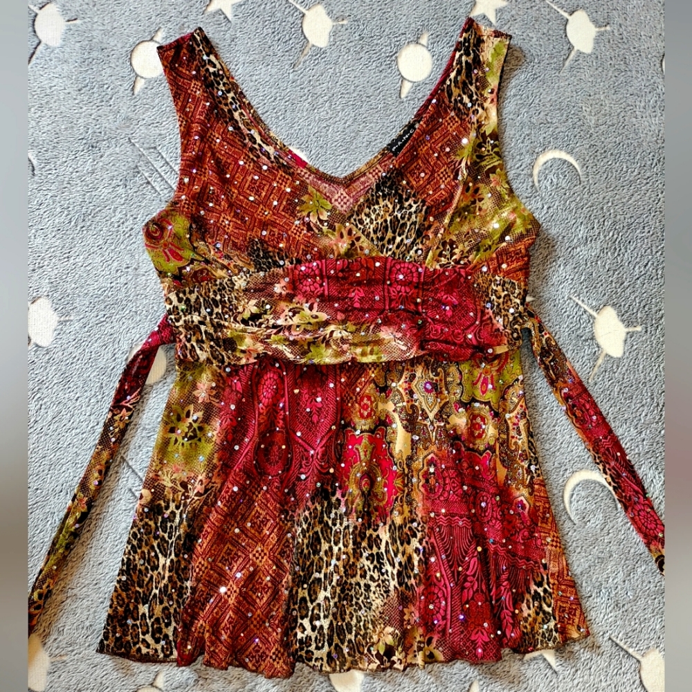 Fang Purple Green Sequin Bling Cheetah Print Sleeveless Dress Top Shirt Blouse